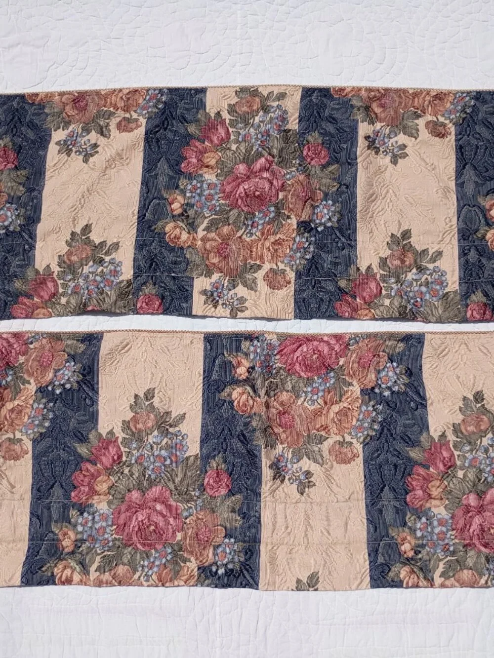 Vintage JC Penney Curtain Valances Heavy Tapestry Blue Beige Floral Stripe PAIR